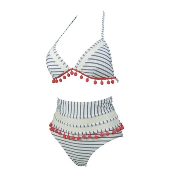 Cocoship Pom Pom Trim Striped High Waist Bikini Set White Light Slate Blue 8 New - Picture 2 of 11
